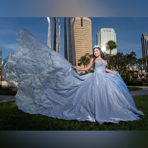 Gorgeous long train Icy blue dress, only worn once and dry cleaned immediately! - Picture 2 of 4
